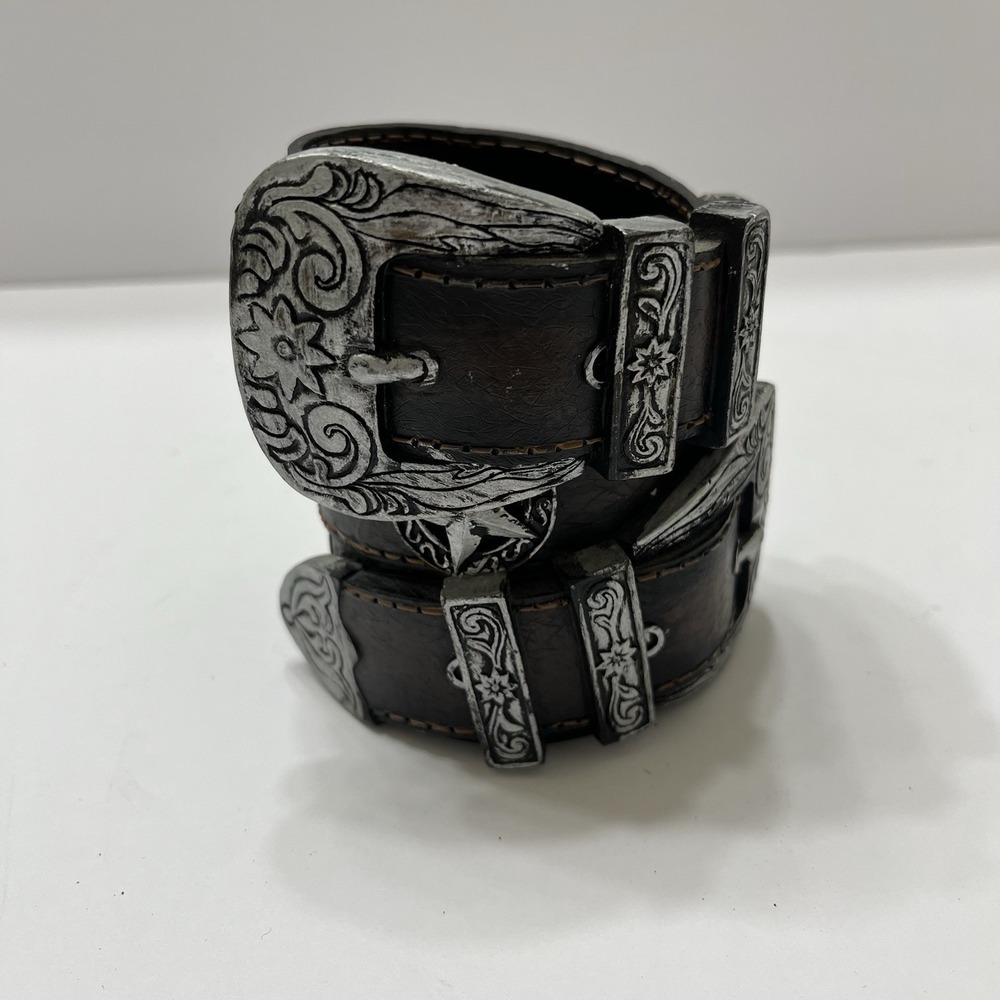 Western Style Cowboy Belt Pencil Holder Resin 4" Black Silver Tone Catch All